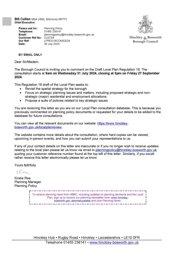 Draft Local Plan Regulation 18. The consultation starts at 9am on Wednesday 31 July 2024, closing at 5pm on Friday 27 September 2024.